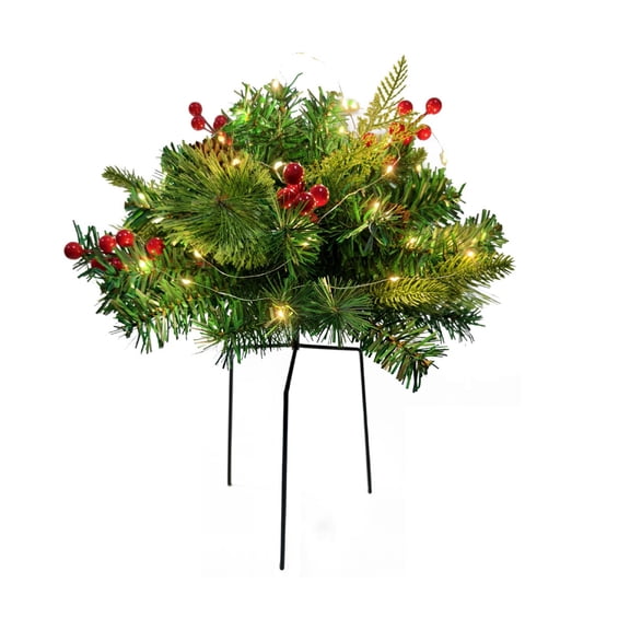 18" Pre-Lit Christmas Pine Arrangement with Red Berries, LED Lighted Holiday Greenery Décor on Metal Stand, Artificial Pine Branch Centerpiece for Table, Porch, Entryway & Seasonal Home Decoration