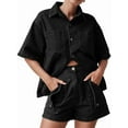 thumbnail image 2 of Womens 2 Piece Outfits Short Sleeve Button Down Crop Blue Jean Shirts High Waist Denim Shorts Sets Black XL, 2 of 6