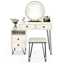 Giantex Makeup Vanity Set w/Lighted Mirror, Modern Dressing Table w/Storage Cabinet, Adjustable Brightness & Touch Screen for Bedroom, White