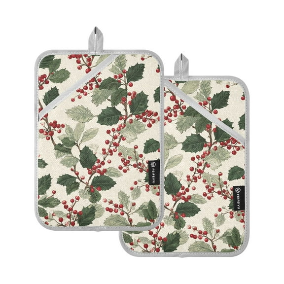 Holly Leaves with Berries Christmas Vintage Potholders Heat Resistant Pot Holder Set of 2 Oven Hot Pads with Pocket