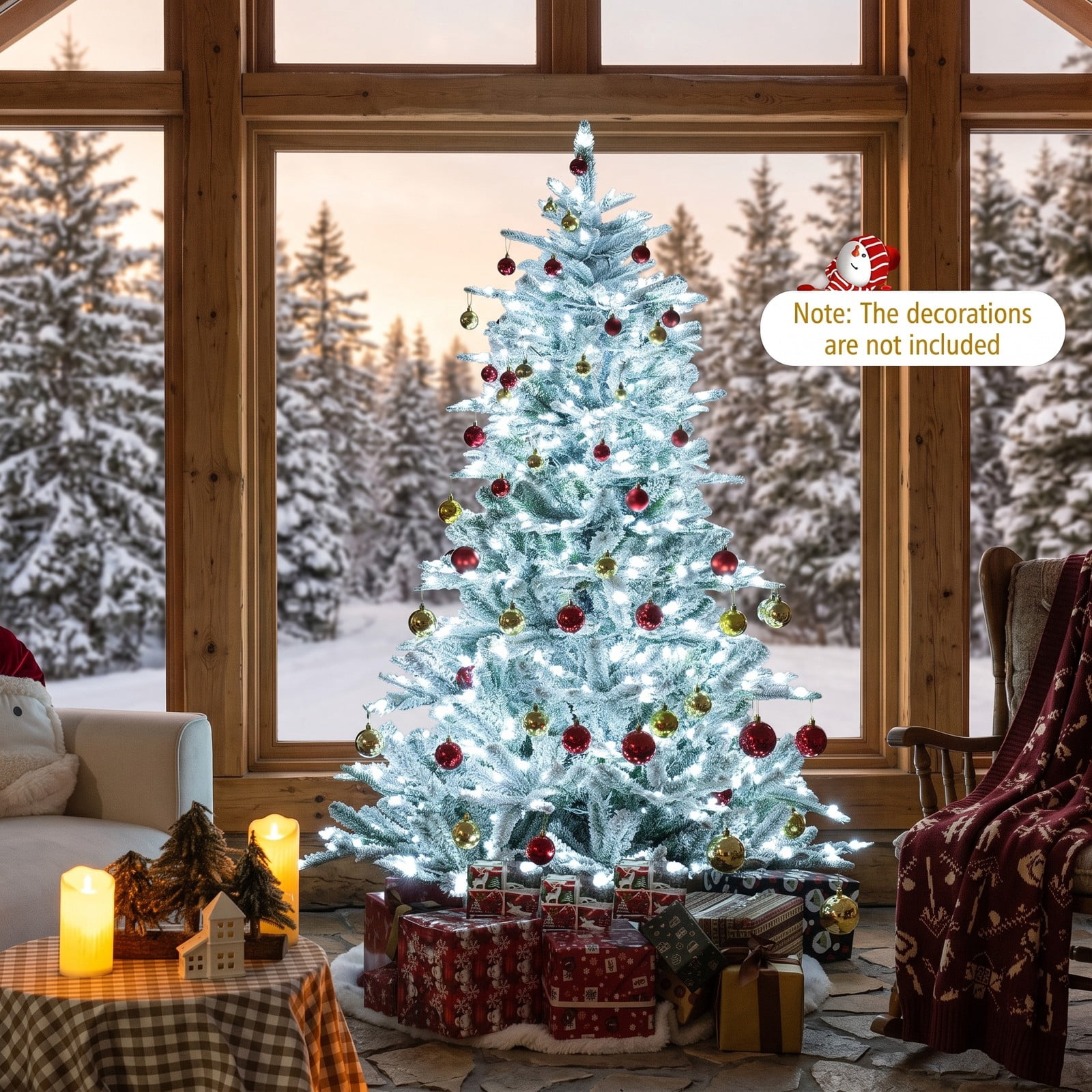 RUIE 6FT Snow Flocked Artificial Christmas Tree with 500 Cool White LED Lights, Remote Control, Timer & Hinged Branches, Pre-Lit Indoor Holiday Tree, Green & White