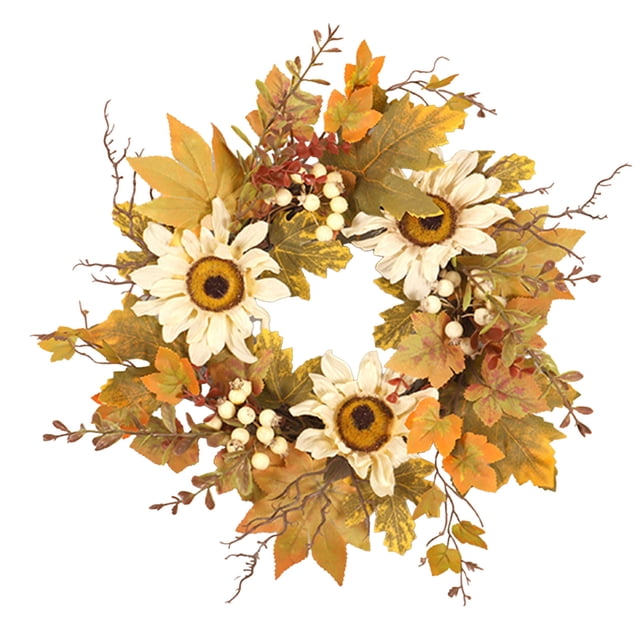 yulier Fall Wreath 15 Inch LED Lighted Maple Leaf Floral Wreath for Front Door Front Porch Window Wall Decor, Thanksgiving Wreath