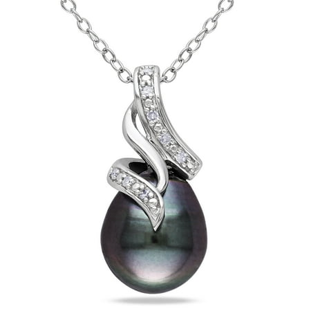 Tahitian Pearl Diamond Necklace - Sterling Silver Tahitian Pearl and Diamond Twist Drop Necklace (9-9.5 mm)
