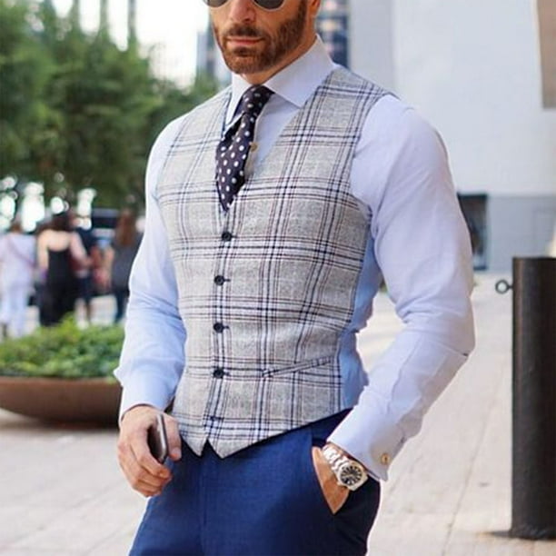 Chaleco de traje para hombre comodo chaleco informal con cuello en V tela de poliester patron de cuadros de un solo pecho para el ocio en el hogar para citas ANGGREK Otros
