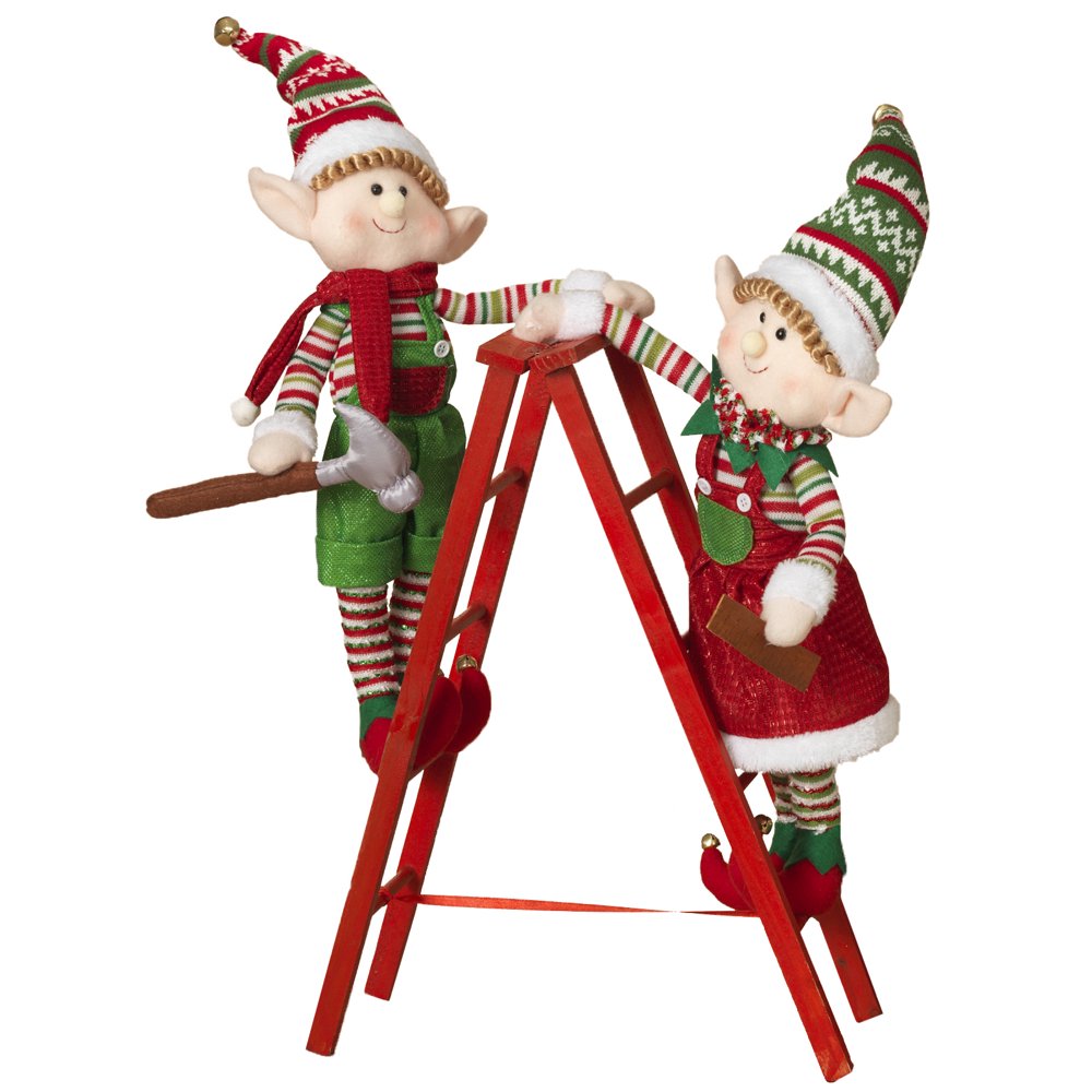 2Pc Plush Standing Holiday Elf Elves Climbing on Ladder Figurines Set