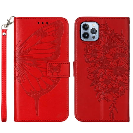 Dteck Wallet Case for iPhone 14 Pro Max PU Leather Flip Protective Phone Case Wrist Strap Card Slots Holder Pocket Emboss Butterfly Flower Stand Case for iPhone 14 Pro Max 2022 Red