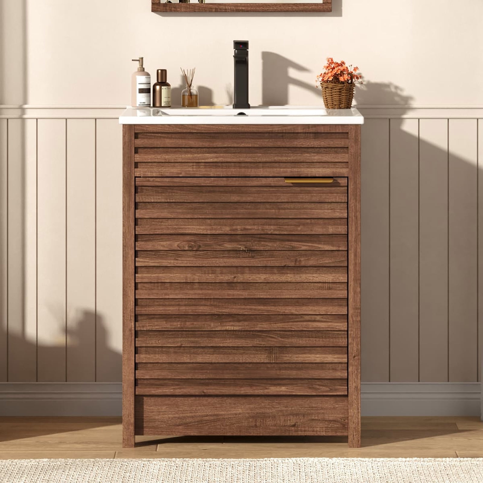 24" Bathroom Vanity Combo with Ceramic Sink & Faucet, Modern Light Oak Single Vanity Set with Fluted Door, Over-the-Door Storage Bthroom Cabinet with 2-Tier Side Shelves for Small Space