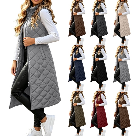 MXALUOB Long Puffer Vest for Women Zip Up Stand Collar Quilted Vests with Pockets Lightweight Sleeveless Padded Coat Winter Daily Wear