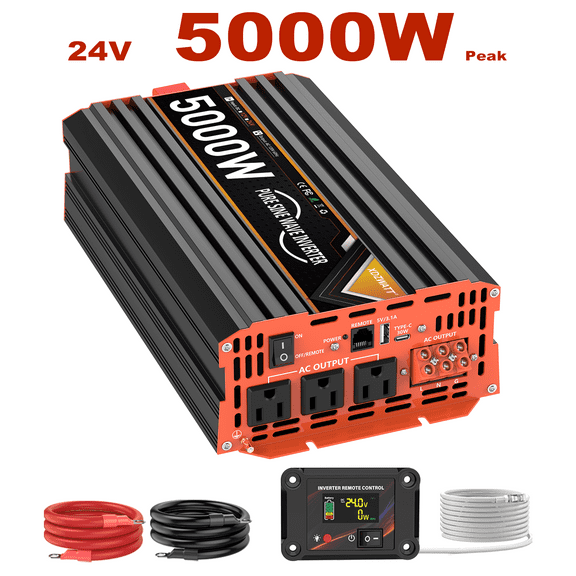 5000W Pure Sine Wave Inverter,24V DC to 110V AC Car Power Converter, 3 AC Outlets   2 USB Charging Ports, LCD Display, with Remote Control, Suitable for Vehicles, RVs, Camping and Home Backup Power