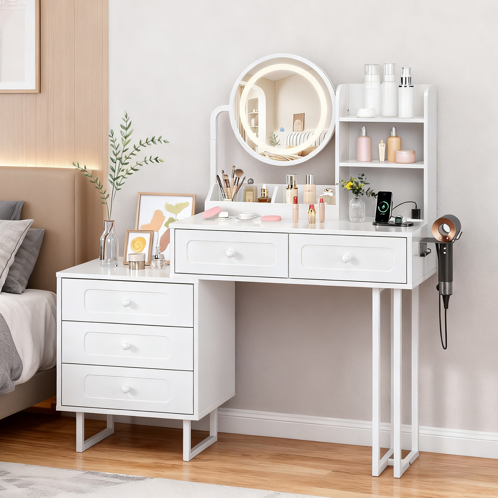 Ktaxon Lighted Makeup Vanity, Vanity Table Set w/ Charging Station, Hair Dryer Rack, White
