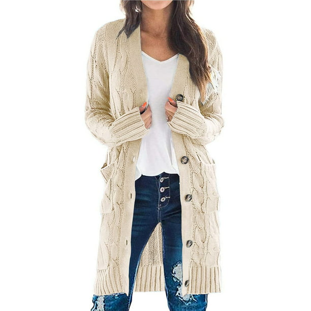 Womens Long Sleeve Cable Knit Long Cardigan Open Front Button Sweater ...