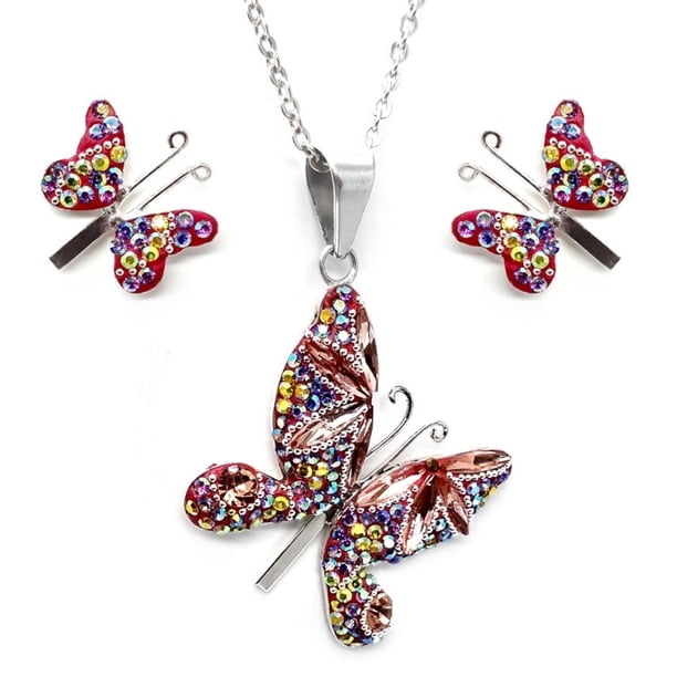 Juego de aretes y cadena ZVEZDA Con Dije Con Forma de Mariposa Plata Mexicana Ley .925 Rosa ZJU-FIG-MARIP-B