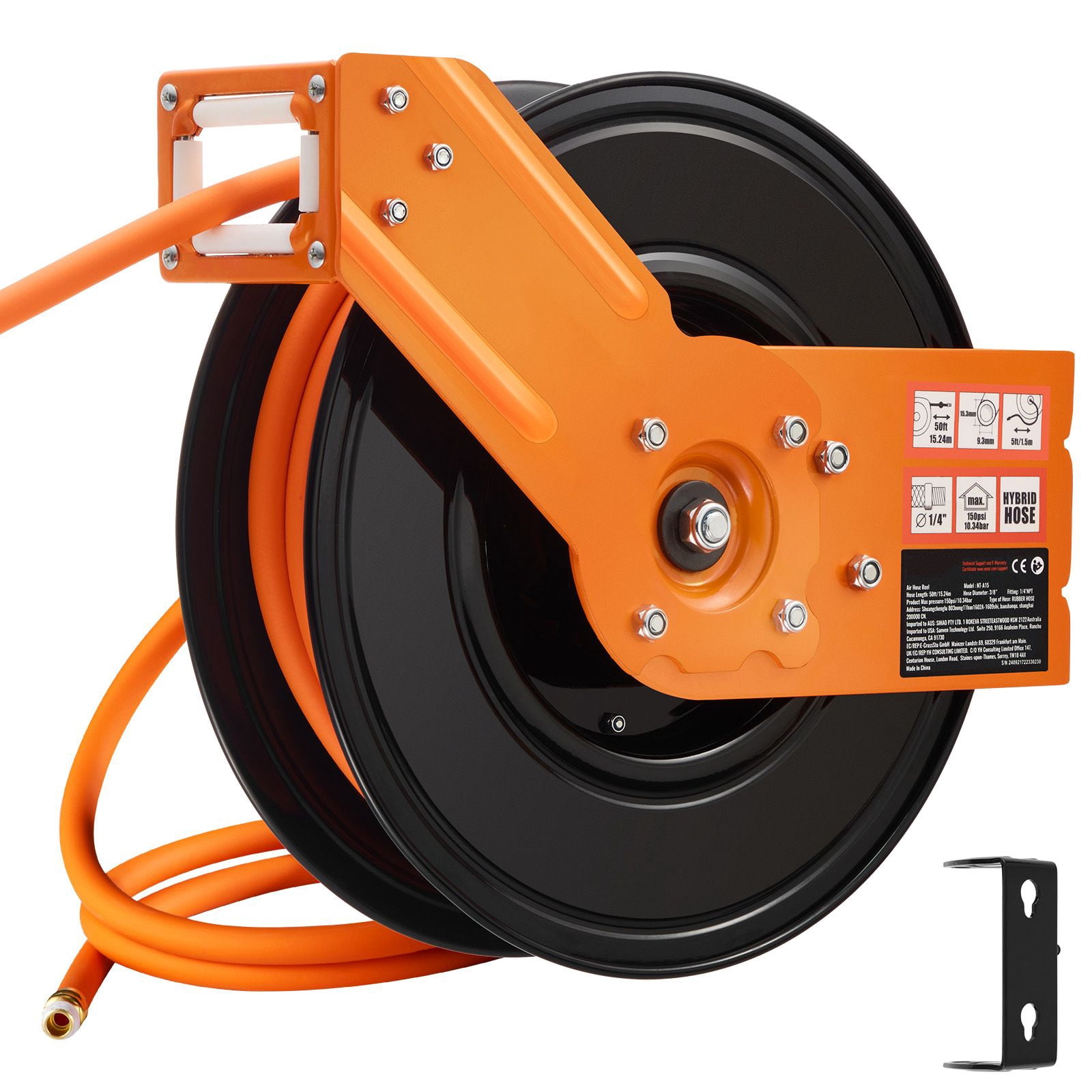 Chateauy Retractable Air Hose Reel, 3/8" x 50FT Rubber Hose 300PSI, 5FT Lead-in 180° Swivel Bracket Single Arm Reel