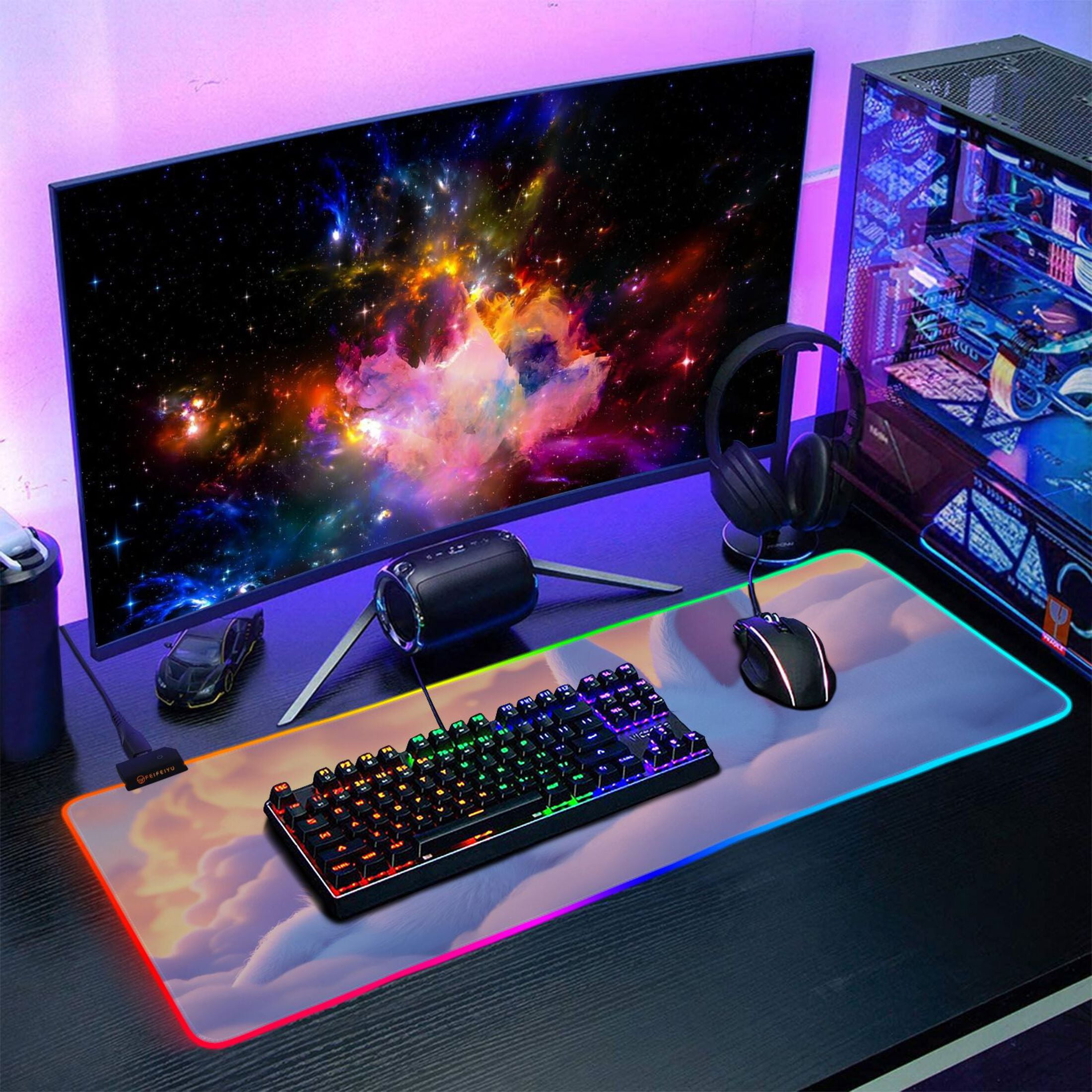 Large RGB Gaming Mouse Pad Led Glowing Mousepad Non-Slip Rubber Base 13 Light Modes 35.4x15.7 Cute White Rabbit Sleep on Clouds
