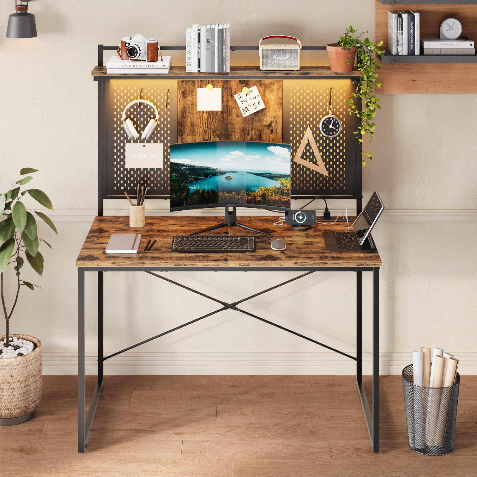 Bestier Gaming Desk with Power Outlets & LED Light, 39.3 Inch Computer Desk Office Table with Storage Shelves Pegboard, Rustic Brown
