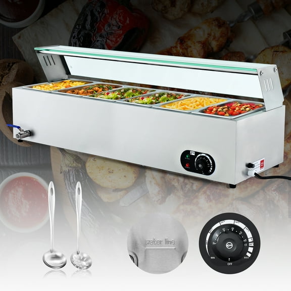Commercial Food Warmer w 6 Stainless Steel Pans Lids Glass Shelf Buffet Server