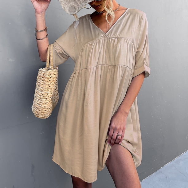 Vestido casual de verano, fibra de poliéster suave, cuello en V, correa de apertura trasera, vestido casual para mujer, dobladillo suelto para uso diario LHCER Vestido de manga corta