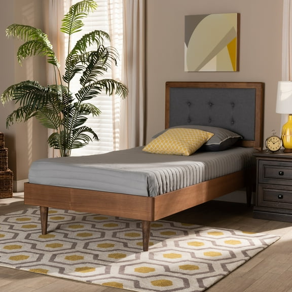 Baxton Studio Greta Mid-Century Modern Dark Grey Fabric Upholstered and Walnut Brown Finished Wood Twin Size Platform Bed