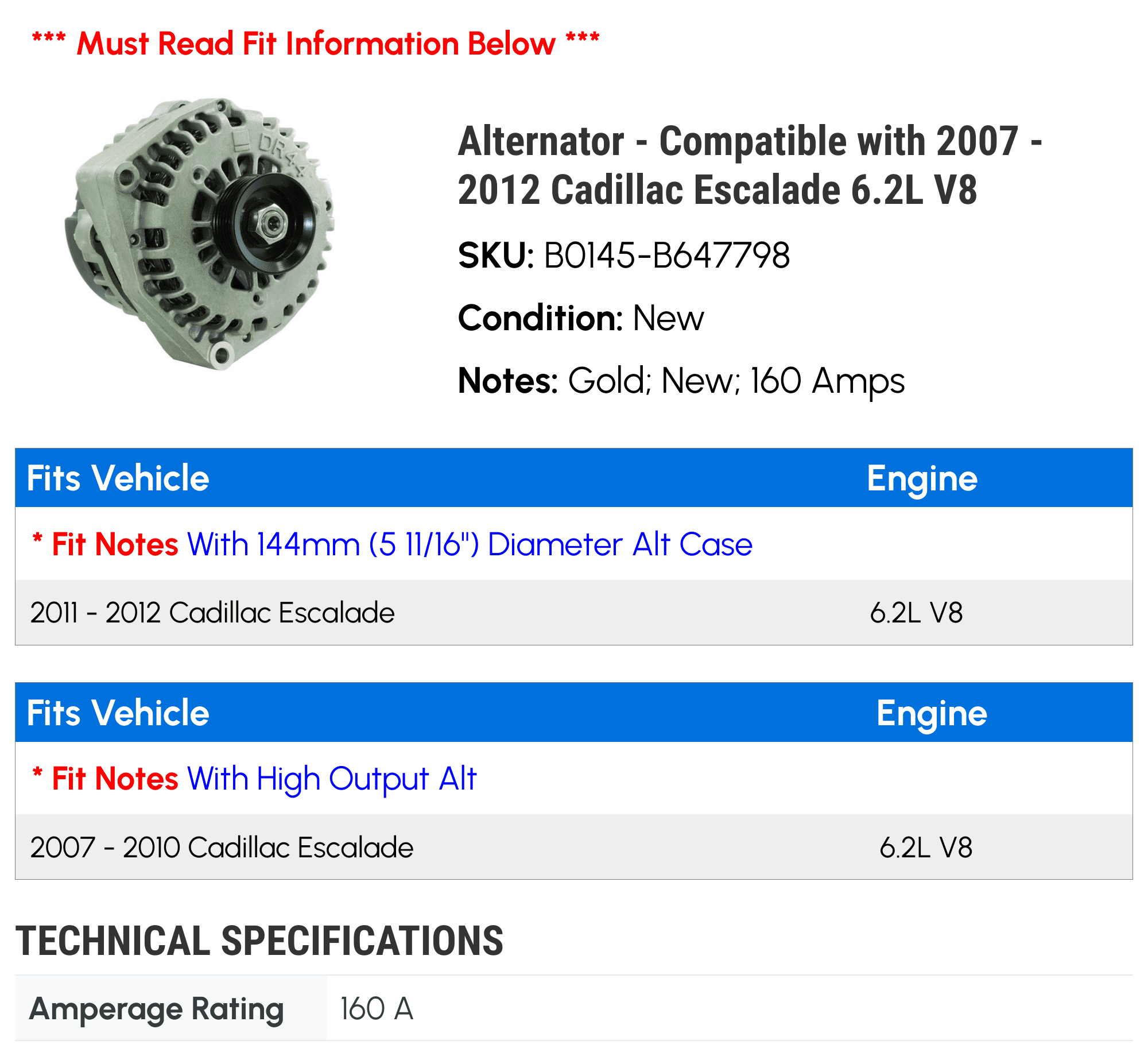 Alternator - Compatible with 2007 - 2012 Cadillac Escalade 6.2L V8 2008 2009 2010 2011