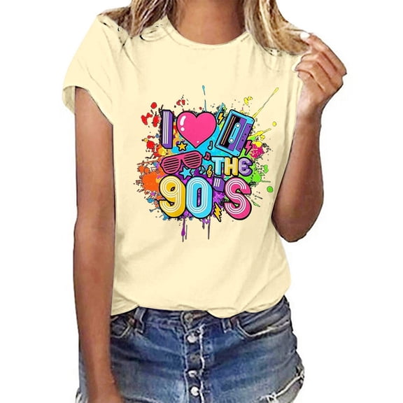 Womens Summer Tops 2026 Spring Short Sleeve Casual Trendy Tees Crew Neck 90's Print Vacation T Shirts