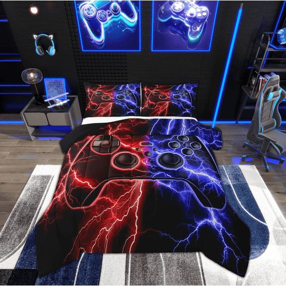 Feelyou Boys Game Console Bedding Comforter Set, Futuristic Red Blue Lightning Twin Comforter Sets, Gamepad Player Reversible Bedding Set, Lightweight Room Decor, 2pcs