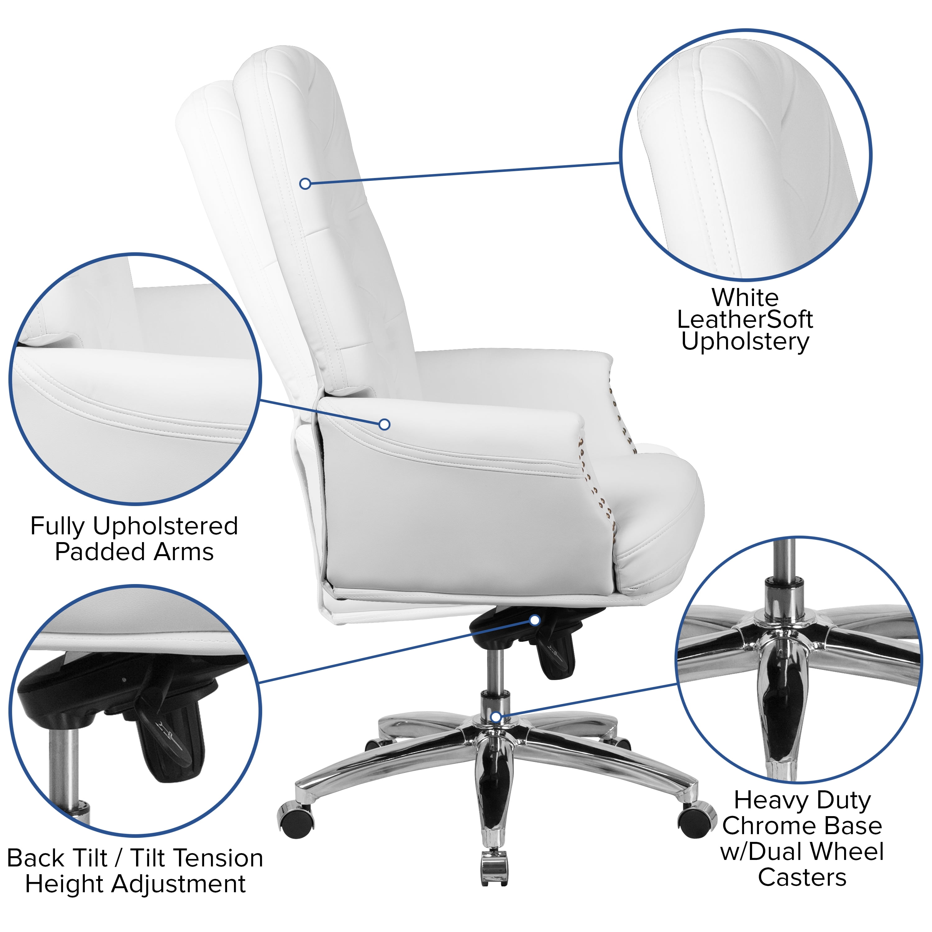 Merrick Lane White Faux Leather Office Chair with Ergonomic Lumbar Support and Button Tufted High-Back Design