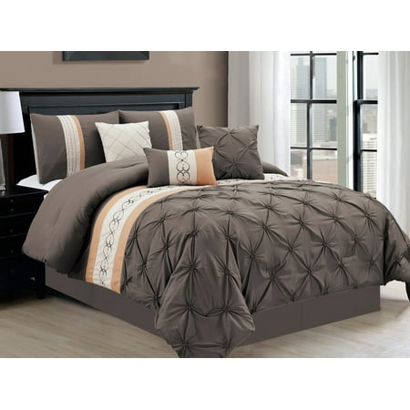 11-Pc Heart Diamond Spade Clover Floral Embroidery Ruffled Ruched Pinched Pleated Comforter Curtain Set Queen Gray Beige Coffee