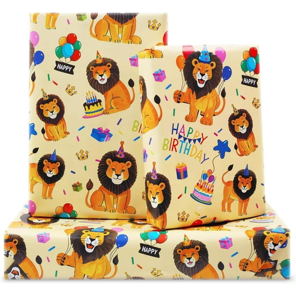 Lion Wrapping Paper for Boy Kids, Lion Safari Jungle Party Baby Lion King With Birthday Hat and Balloon Wrapping Paper 6 Sheets Foled Flat 20x28 Inches per Sheet, Lion Gift Wrap For Birthday Party