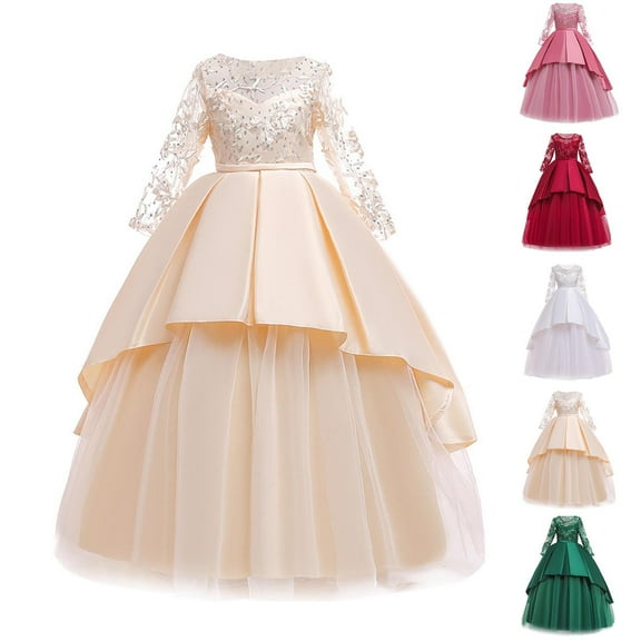 JSGEK Girls Applique Tulle Lace Long Sleeve Dress Princess Wedding Birthday Pageant Party Communion Prom Long Maxi Ball Gown Green 7 Years