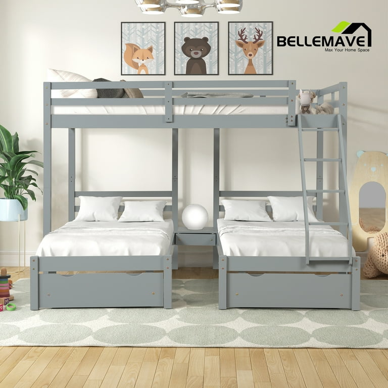 Full Over Twin Twin Triple Bunk Bed For Kids Boys Girls Kids Bunk Bed with 3 Storage Drawers Ladder Headboard and Safety Guardrail Convertible to 3 Beds No Box Spring Gray Walmart