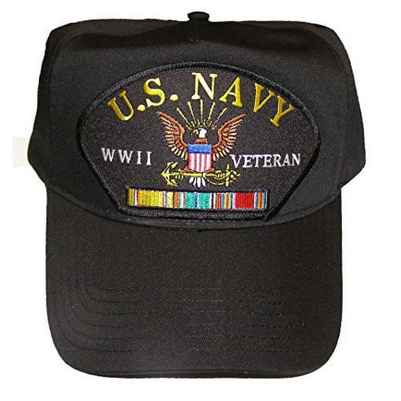 U.S. NAVY WWII Veteran Hat with ribbons and Navy Crest Cap - BLACK - Veteran Owned Business