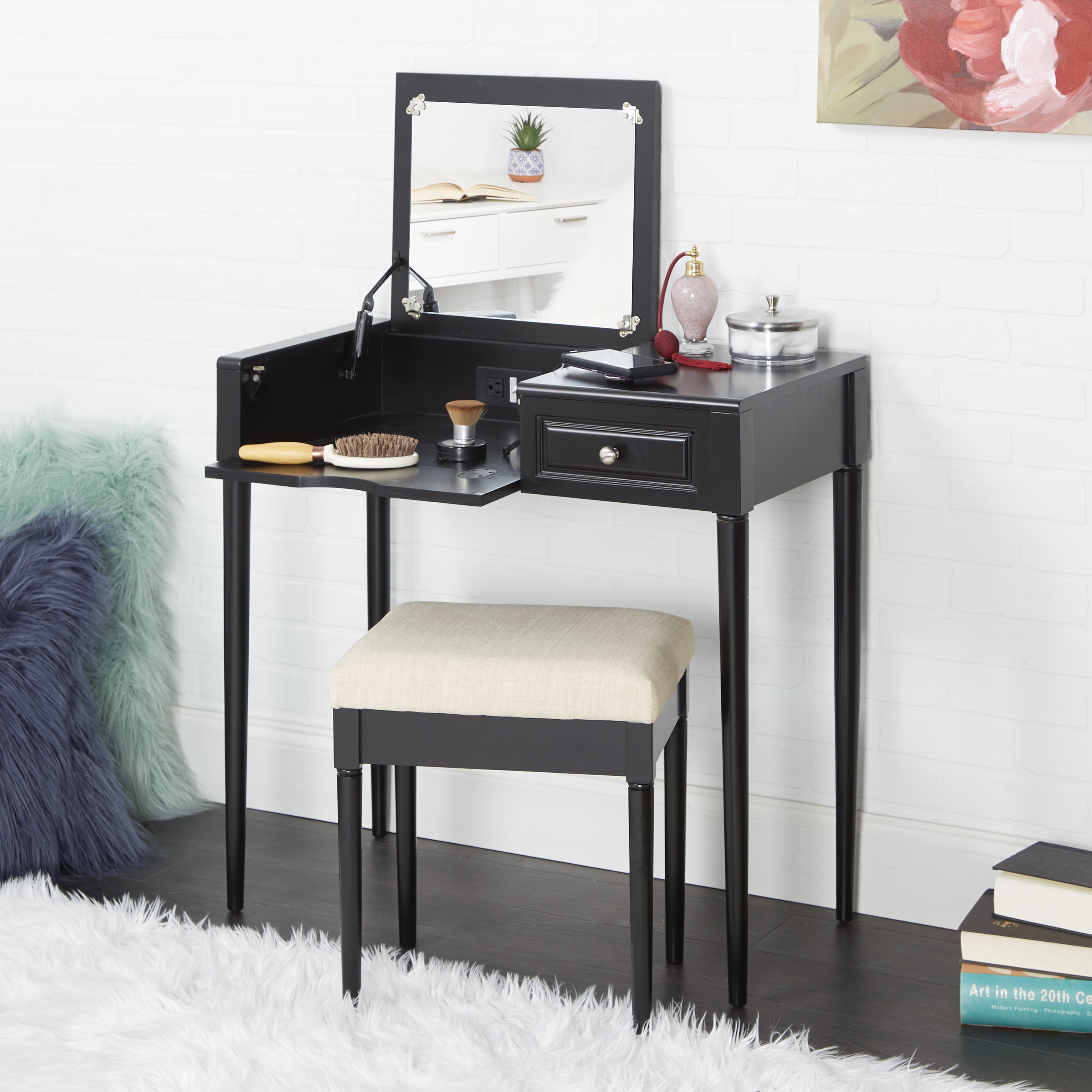 Adornments Audrey USB Powered Vanity Console Desk with Seat, Black