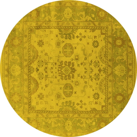 Ahgly Company Machine Washable Indoor Round Oriental Yellow Industrial Area Rugs, 8' Round