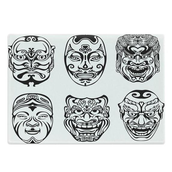 Kabuki Cutting Board, Japanese Nogaku Theatricals Showing Emotions Expressions Culture, Decorative Tempered Glass Cutting and Serving Board, Large Size, Black and White, by Ambesonne