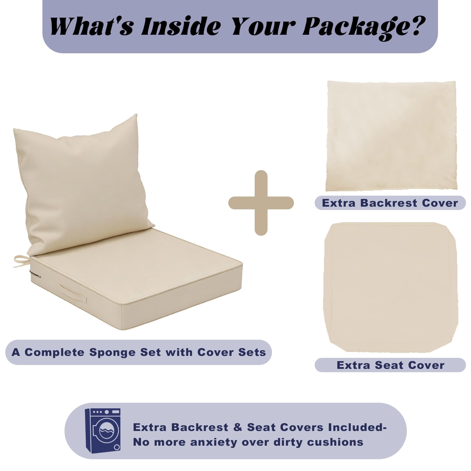 Yacona Outdoor Chair Cushions Set, 24x24in Patio Furniture Cushions with Two Replaceable Covers, for Patio Furniture Chair Sofa, Beige