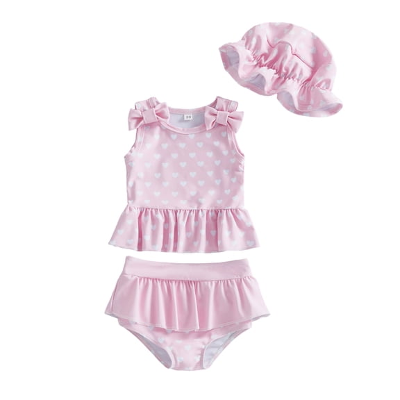 BemeyourBBs Toddler Baby Girl Swimsuit Infant Bathing Suit 3 Pieces Heart Dot Plaid Cow Skin Swimsuits Bow Tank Top with Ruffle Shorts Set Sun Hat Swimwear Summer Beach Wear