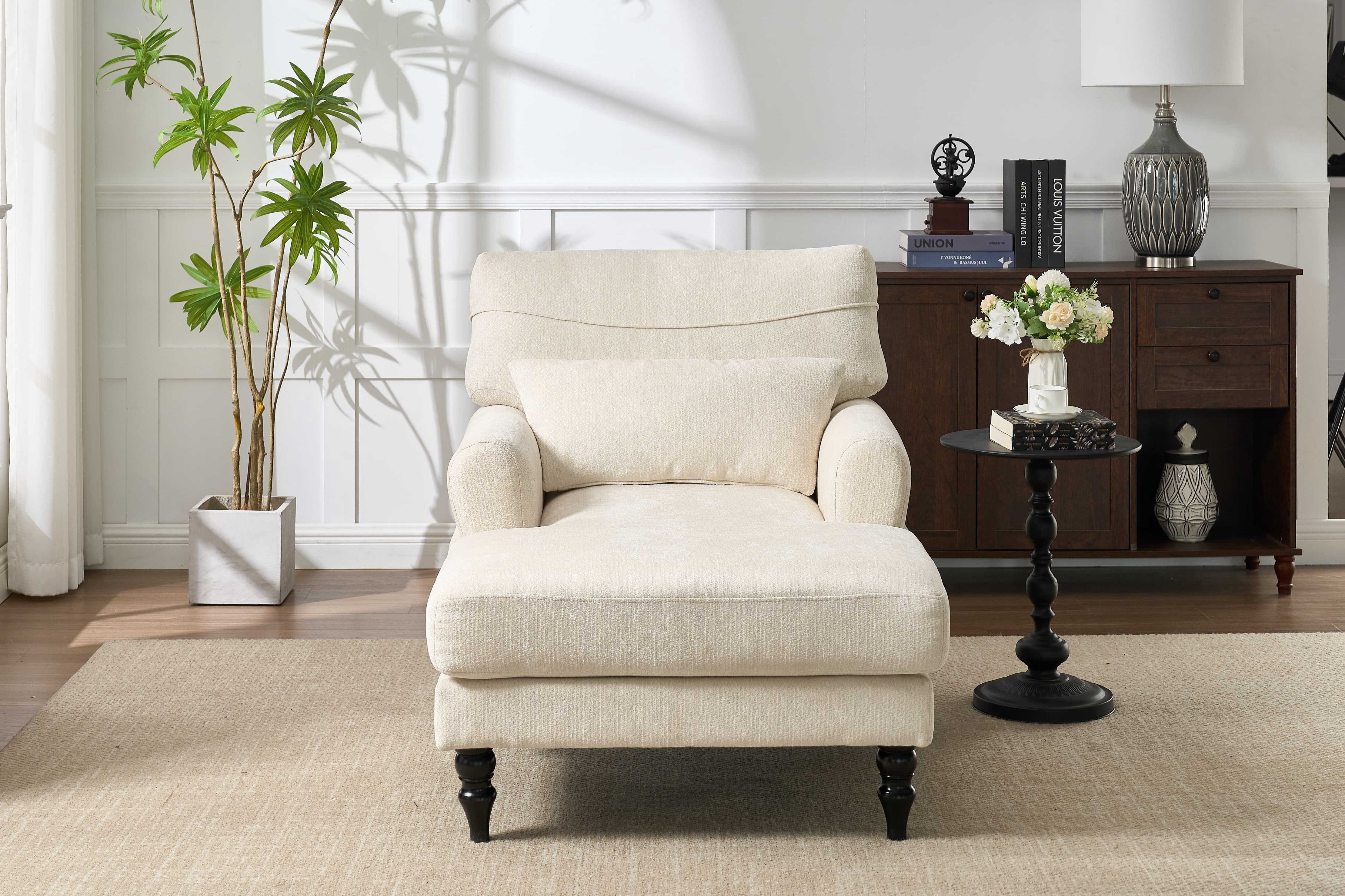 Chaise Lounge Indoor, Modern Upholstered Sleeper Chair and Sleeper Sofa for Living Room, Small Space, White