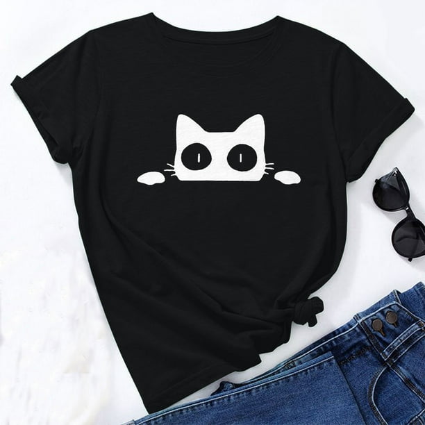 ICHUANYI Clearance Women's Summer Fashion Loose Round Neck Cute Print Short Sleeve Top T-Shirt(Black, XXL) ICHUANYI WER2023081115884