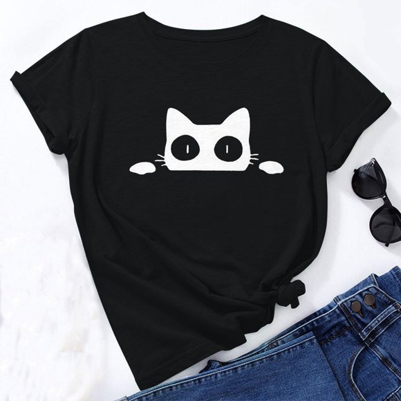 cute tops for women trendy going out summer short sleeve cat shirt basic round neck tee comfy soft shirts