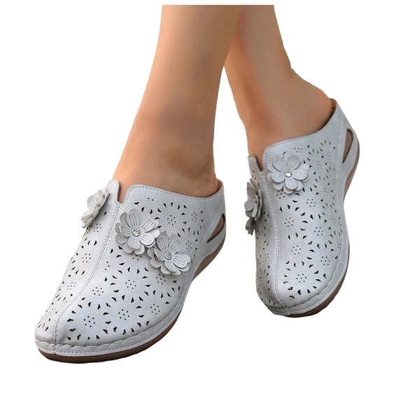 Rokment Flower Orthopedic Clogs Arch Support Wedge Mules for Women Boho Beach Comfortable Leather Closed Toe Air Cushion Walking Half Slippers Summer Casual Dress Slides Sandals Beige Size 6