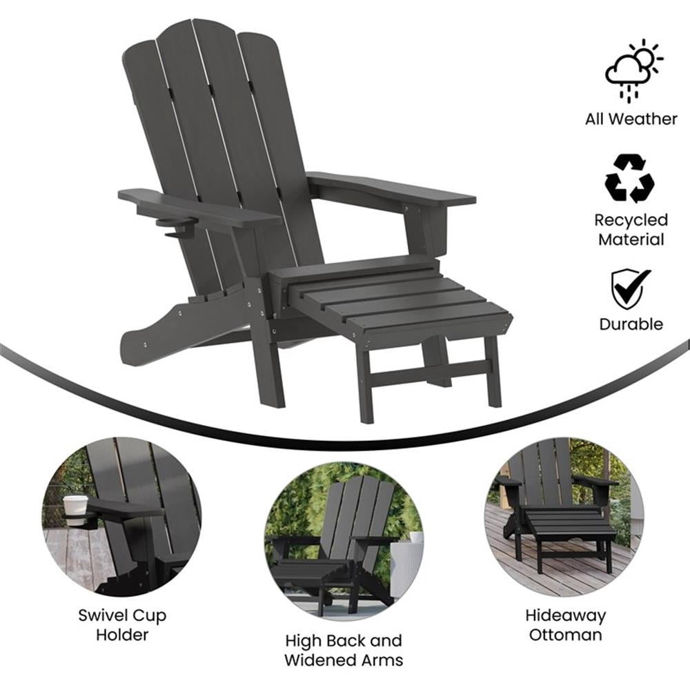 Pemberly Row Adirondack Chair with Pullout Ottoman & Cupholder in Gray