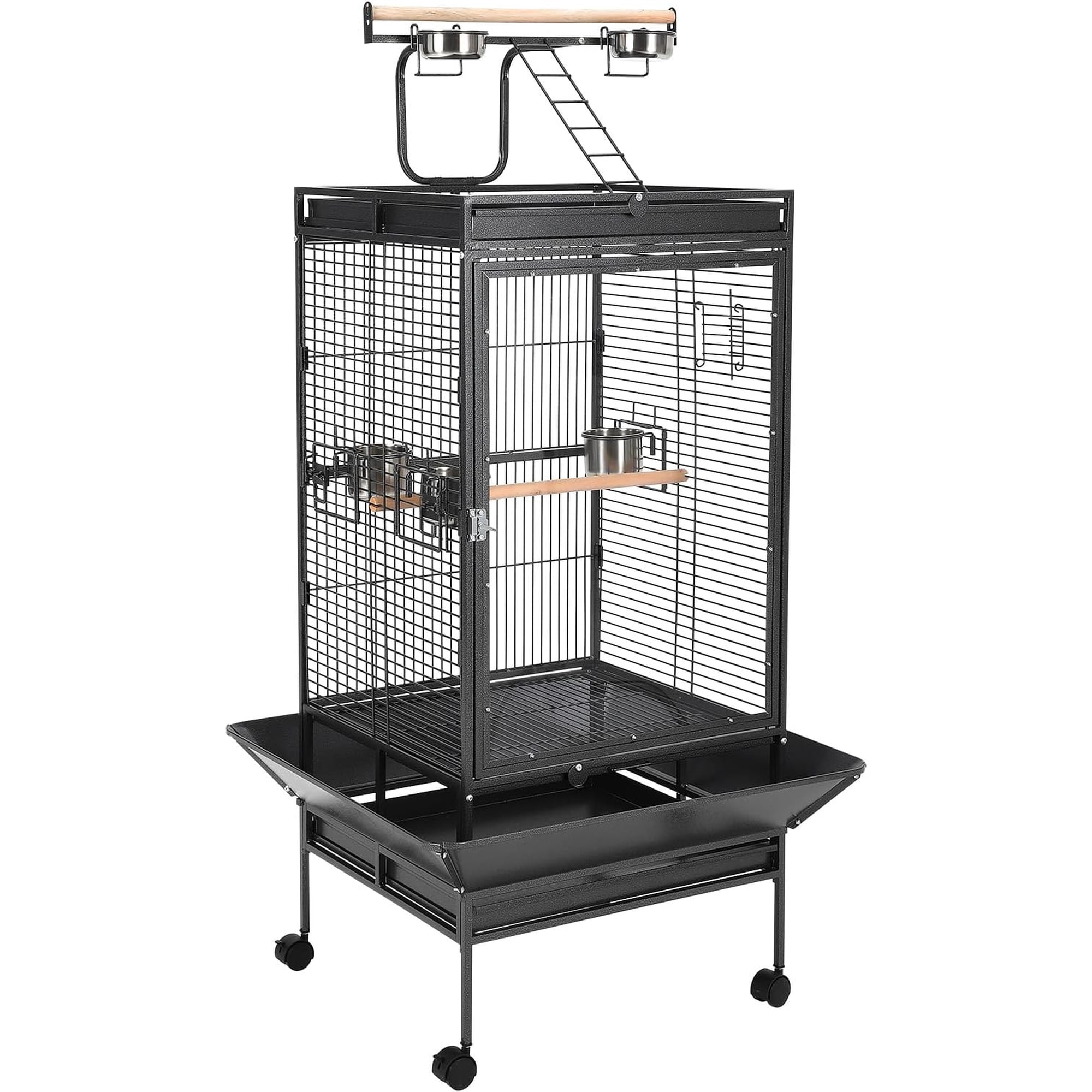 QinaQin Large Bird Cage with Play Top,Rolling Stand & Bowls,Metal Parrot Aviary,Indoor/Outdoor Use,Porch,Yard,Black