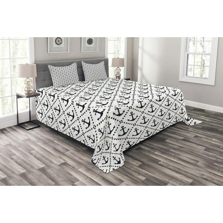 Nautical Needlepoint - Geometric Bedspread Set, Dotted Frames Anchors Pattern Chevron Style Zigzags Nautical Theme Image, Decorative Quilted Coverlet Set with Pillow Shams Included, Dark Blue White, by Ambesonne