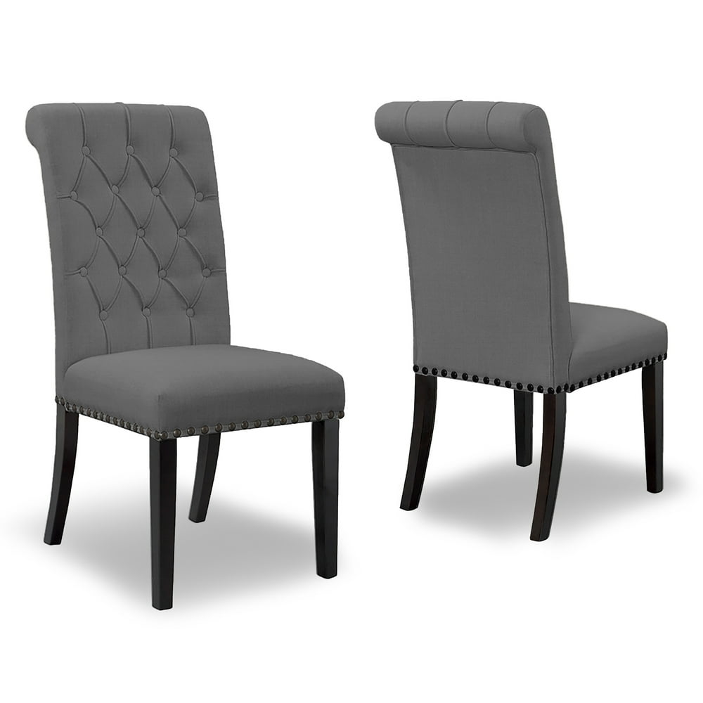 Set of 2 Aleki Grey Fabric Dining Chair Roll Back with Tufted Buttons