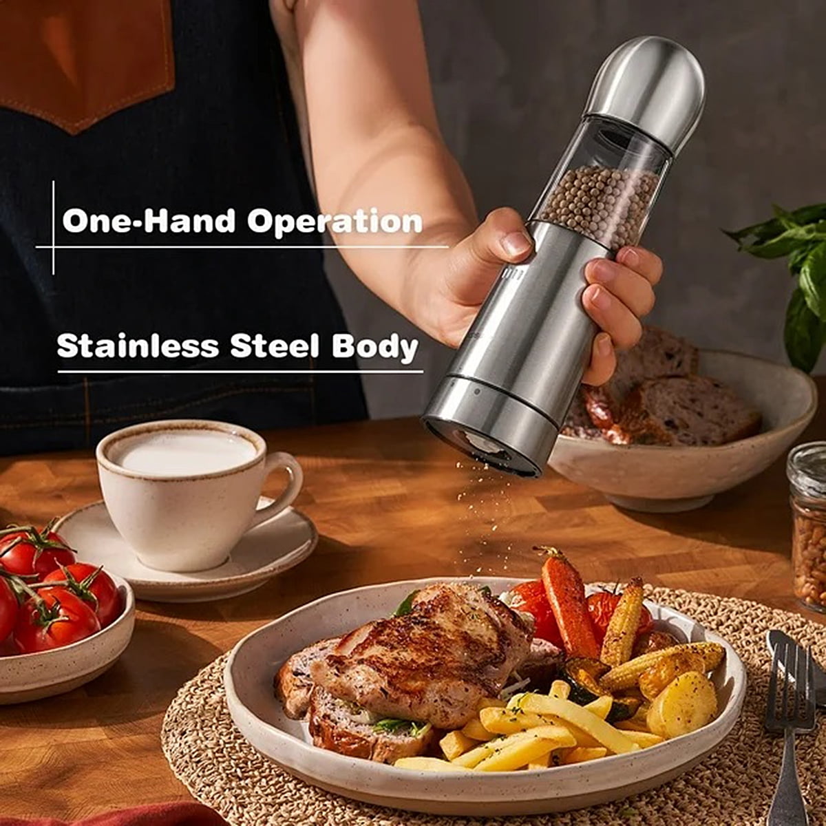 COSPRO 5-in-1 Wireless Charging Electric Salt and Pepper Grinder Set, Rechargeable Automatic Stainless Steel Spice Mill Set - One-Hand to Operate, Adjustable Coarseness, Easy Cleaning