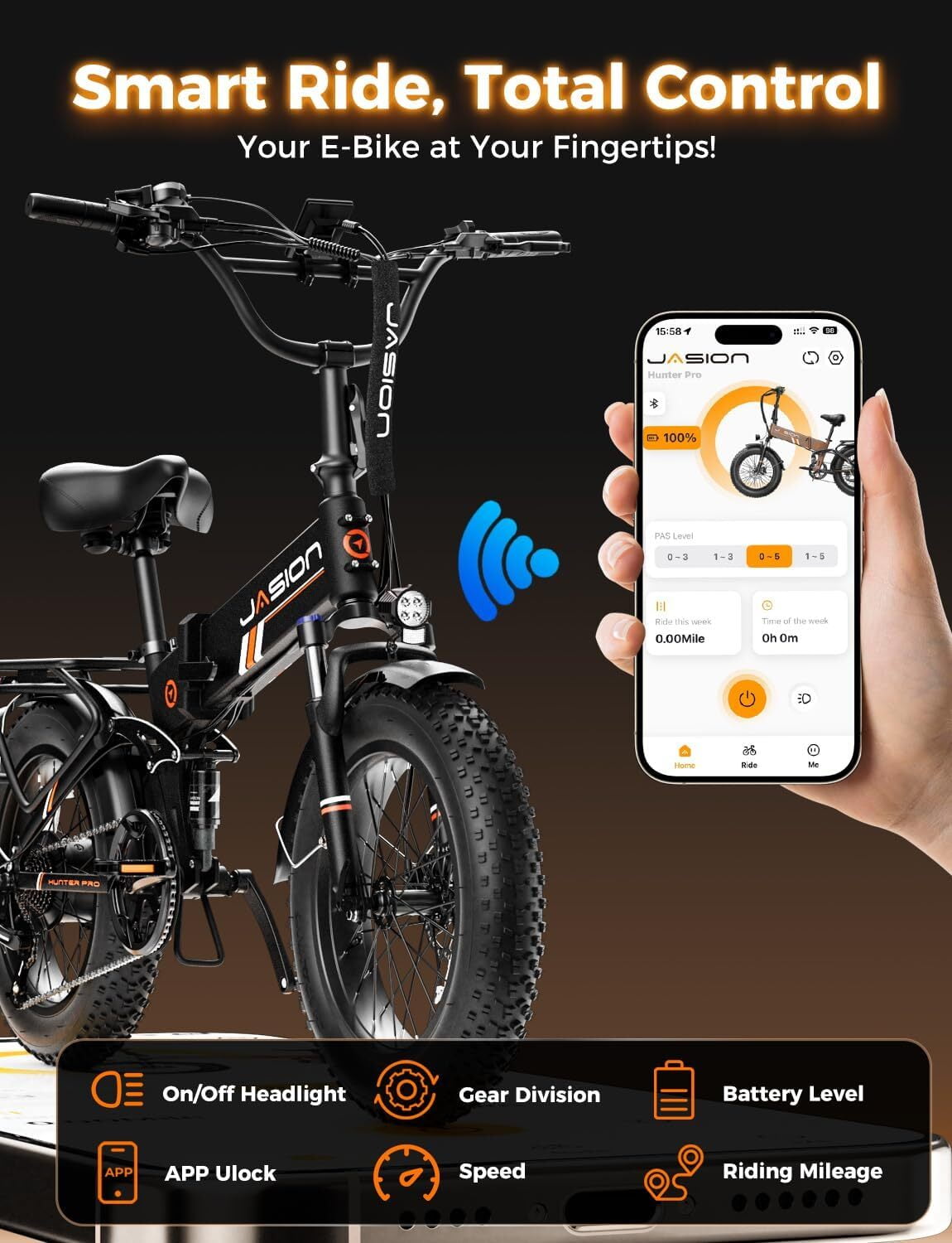 Jasion Hunter Pro Electric Bike for Adults, 1000W Folding Ebike with 48V 15AH Removable Battery, 20" x 4.0 Fat Tire Foldable Electric Bicycle, 80 Miles Range, App Control, UL 2849