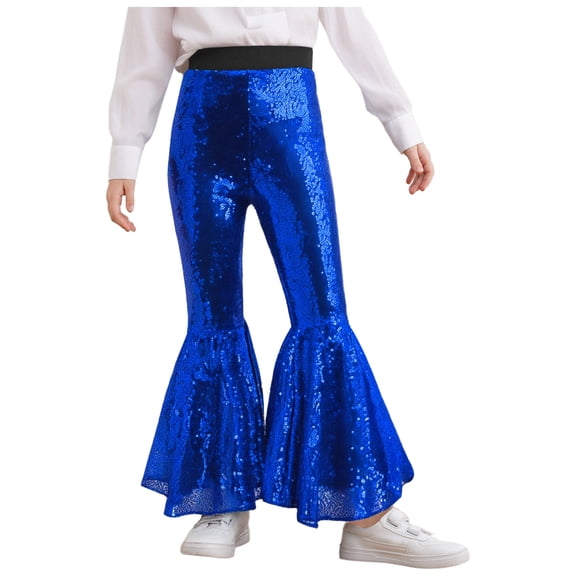 Doomiva Kids Girls Sequins Jazz Disco Dance Bell Bottoms Pants Sparkly Glitter 70s Flare Trousers Performance Dancewear Blue 140