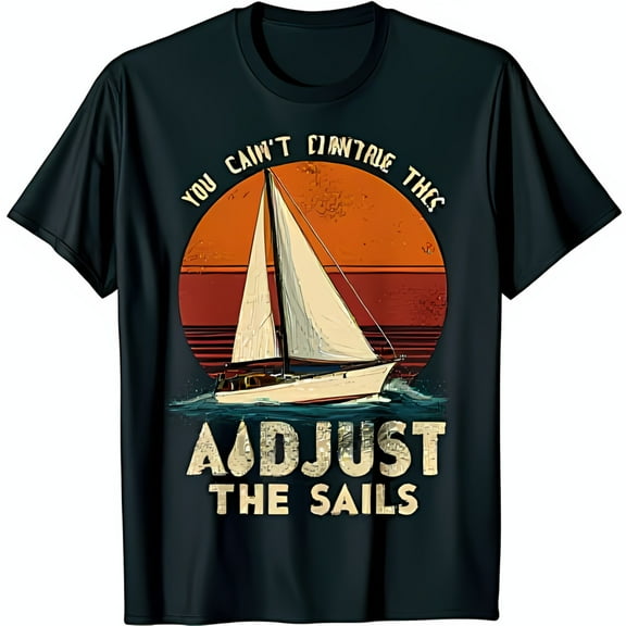 Vintage Sunset Sailboat Graphic Black T-Shirt Adjust the Sails Quote