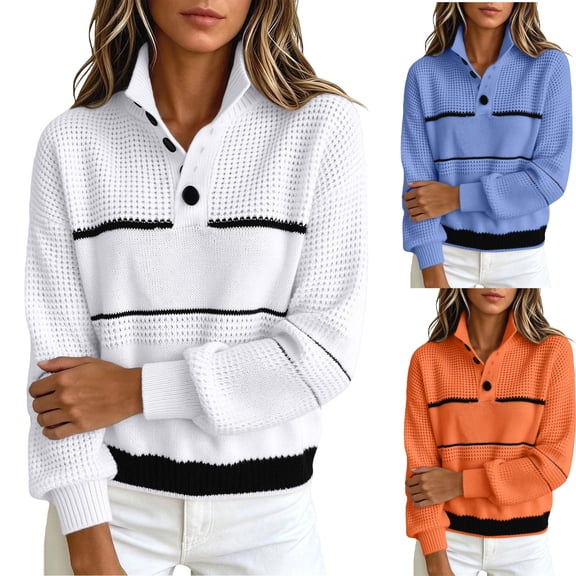 Ihhxva Knit Oversized Sweatshirt for Women, Women's Striped Sweater, Loose Henley Pullover Top, Long Sleeve Mock Neck Waffle Half-Button Casual Weekend Outing XS-2XL