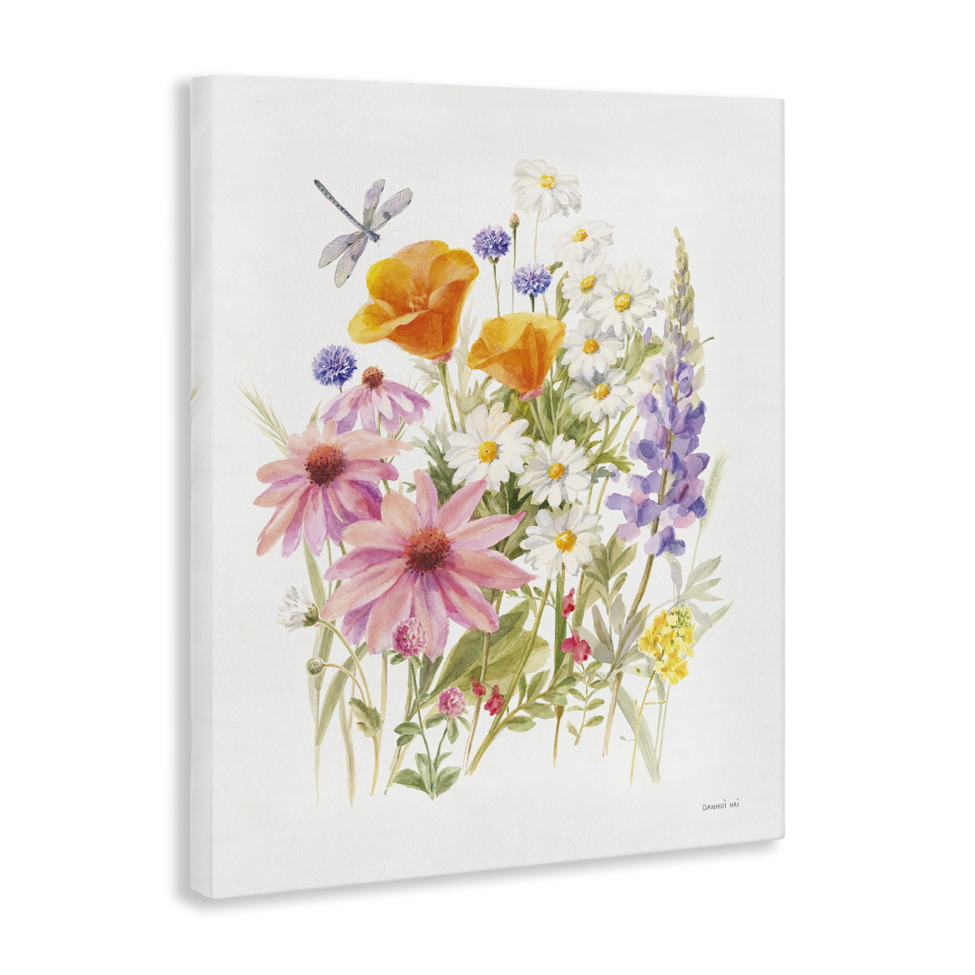 Stupell Industries Bright Flowers & Dragonfly Botanical & Floral Painting Gallery Wrapped Canvas Art Print Wall Art, 30 x 40